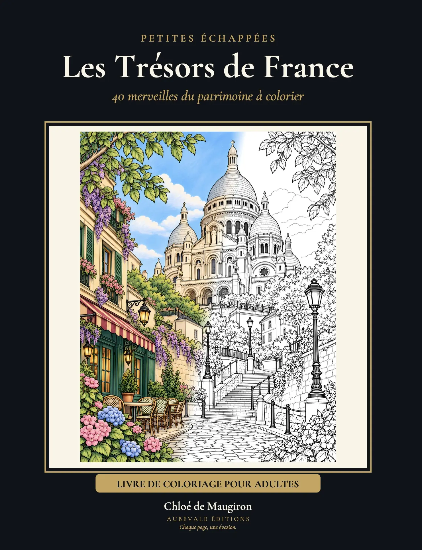 Couverture de Les Trésors de France, 40 merveilles du patrimoine à colorier, par Chloé de Maugiron — le Sacré-Cœur de Montmartre, mi-colorié mi-dessiné, sur fond noir et or