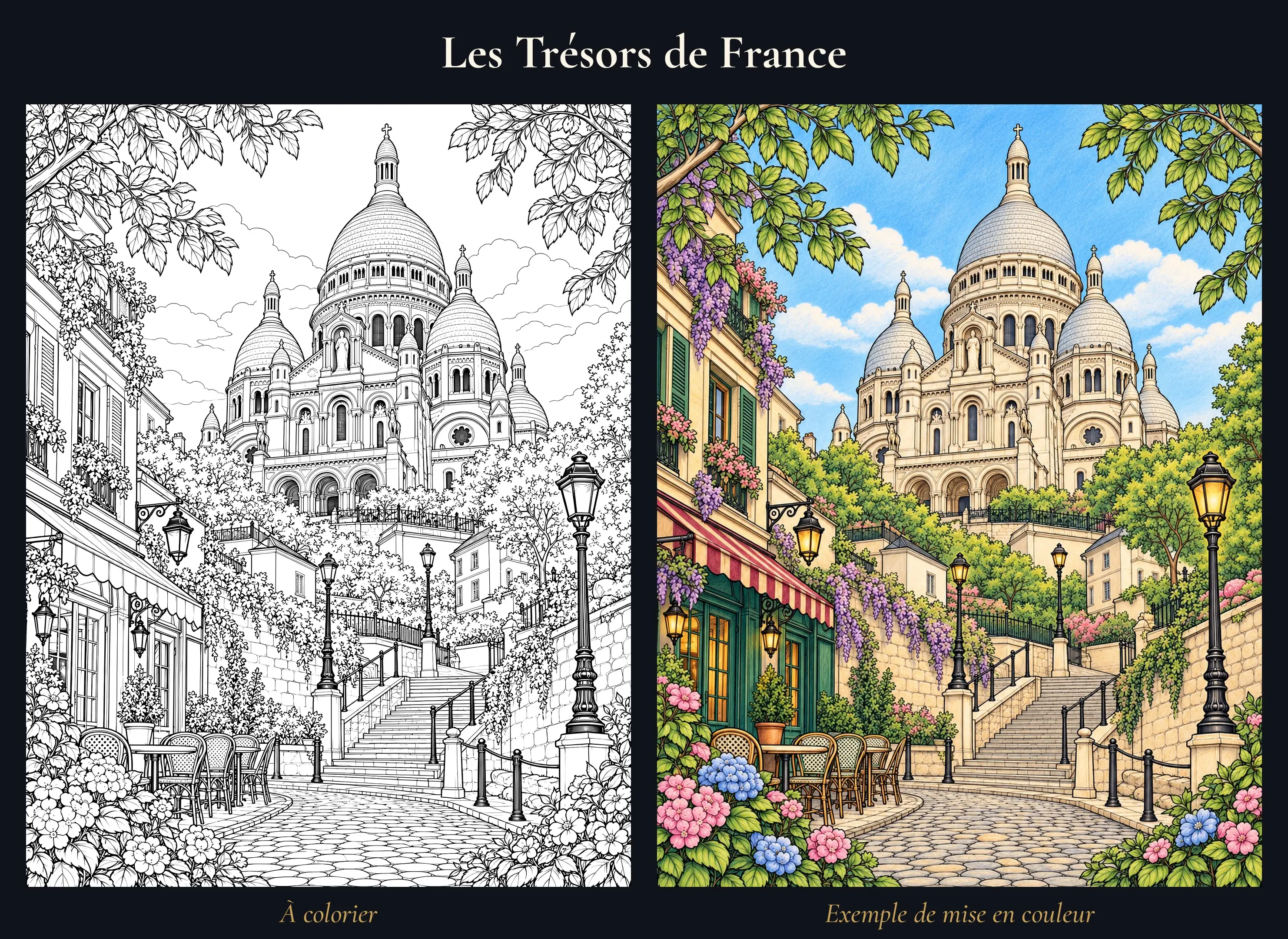 Planche Montmartre et le Sacré-Cœur, à colorier à gauche et exemple de mise en couleur à droite