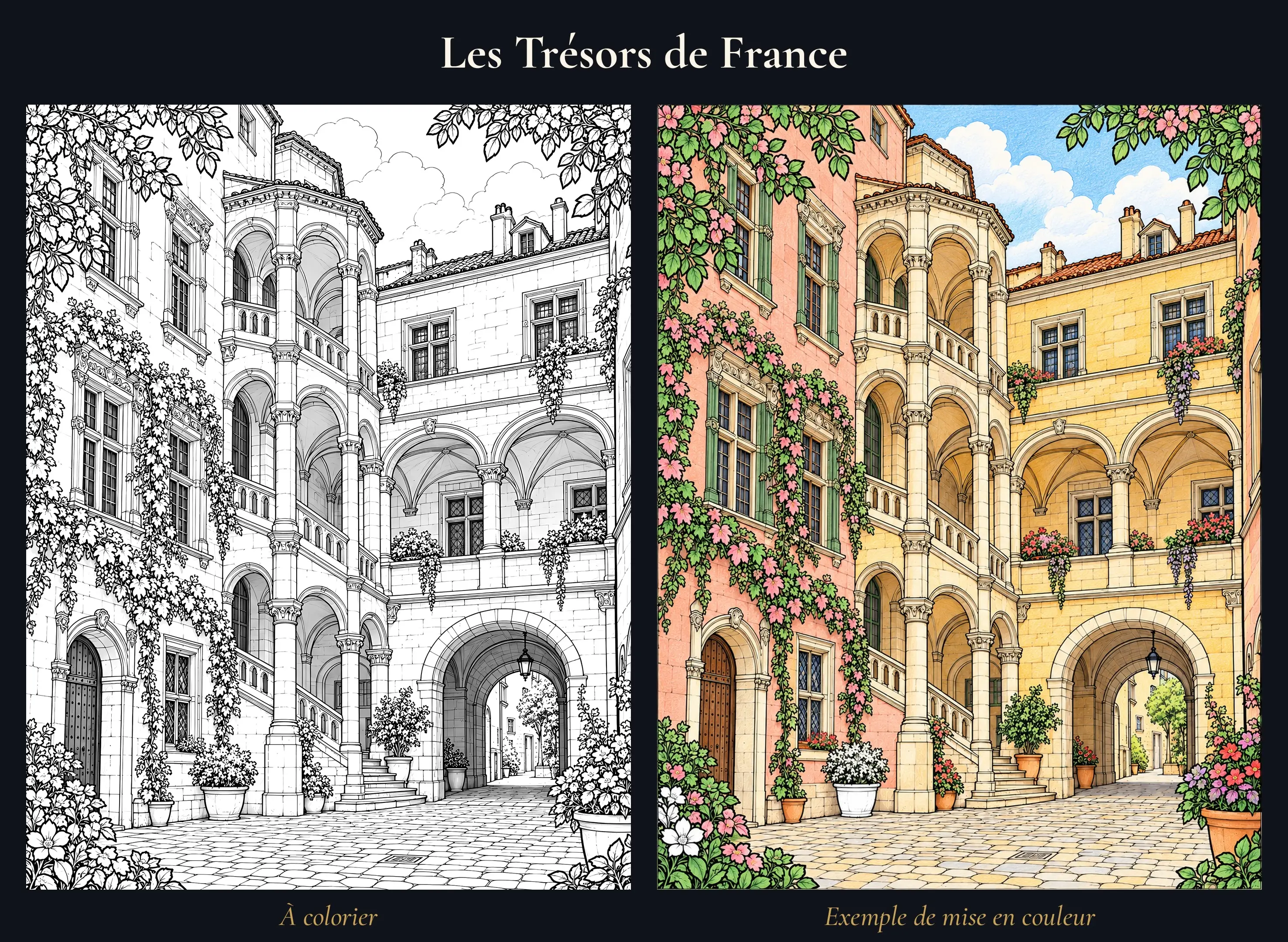 Planche cour Renaissance du Vieux-Lyon, à colorier à gauche et exemple de mise en couleur à droite