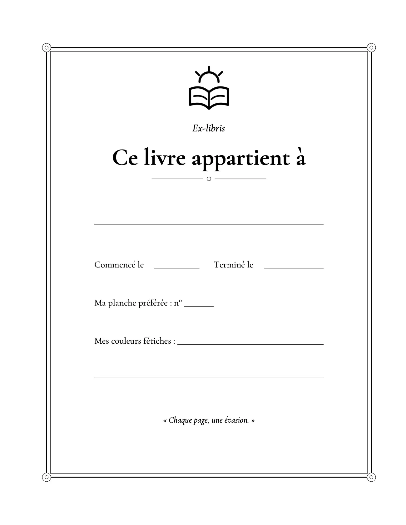 Page « Ce livre appartient à », avec lignes à compléter