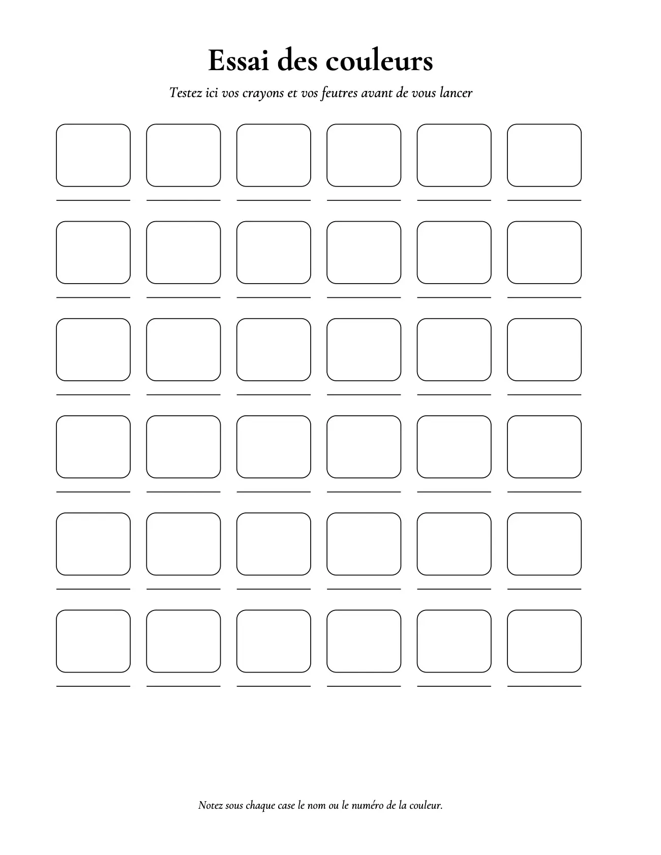 Page « Essai des couleurs » : grille de cases pour tester crayons et feutres